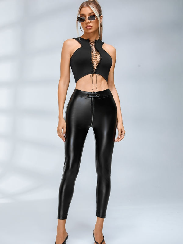 đź–¤ZASUWA Female Faux Leather Zipper Buttons Pocket Leggings