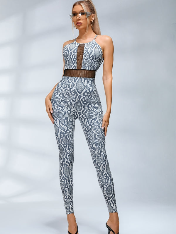 đź–¤ZASUWA Female Sexy Fishnet Snake Print Backless Jumpsuits