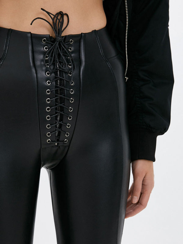 ❤ZASUWA Female Sexy Faux Leather Push Up Design Lace-up Leggings