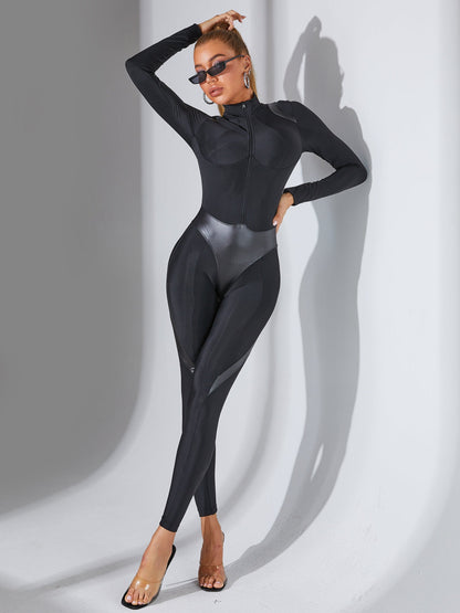 ❤ZASUWA Female Faux Leather Zipper Stand Collar Jumpsuit