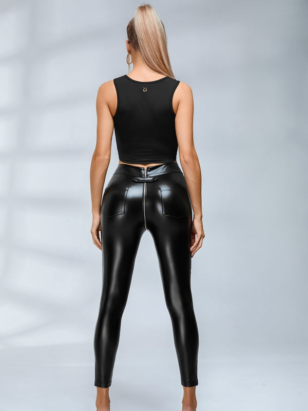 🖤ZASUWA Female Faux Leather Zipper Buttons Pocket Leggings