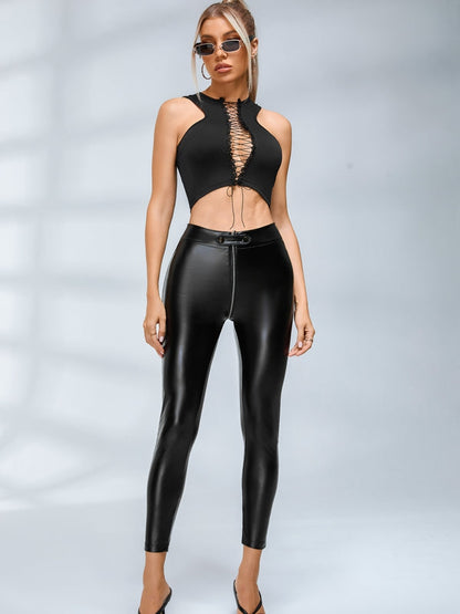 🖤ZASUWA Female Faux Leather Zipper Buttons Pocket Leggings