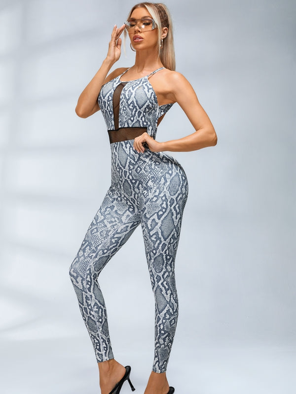 🖤ZASUWA Female Sexy Fishnet Snake Print Backless Jumpsuits