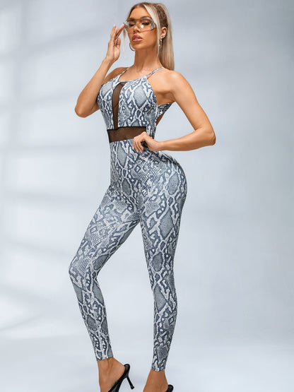 🖤ZASUWA Female Sexy Fishnet Snake Print Backless Jumpsuits